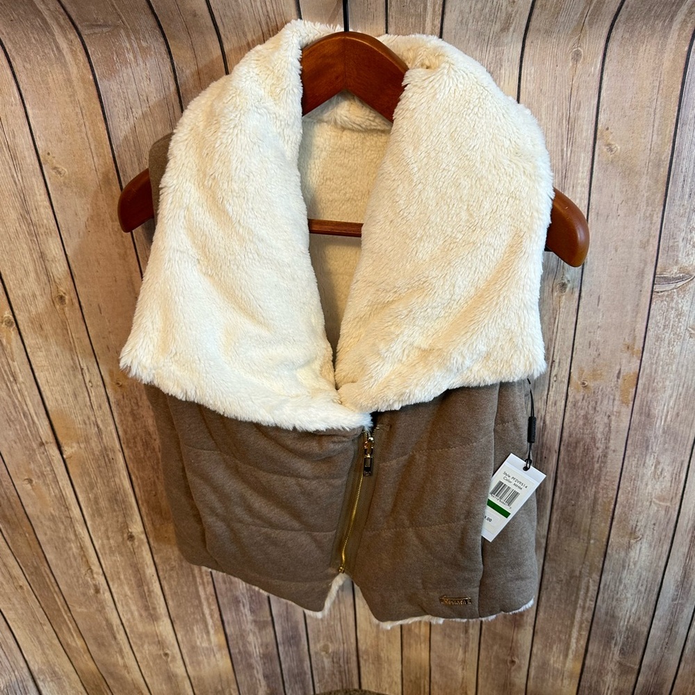 Calvin Klein Performance women’s L brown/ white faux fur puffer vest NWT - Picture 2 of 12